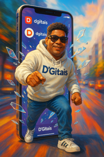 Rodrigo Assis quebrando a Tela de um smartphone com Estilo, usando casaco da D'Gitais