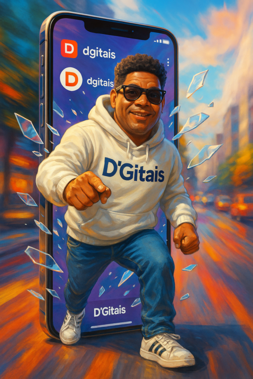 Quebrando a Tela com Estilo Rodrigo Assis quebrando a Tela de um smartphone com Estilo, usando casaco da D'Gitais