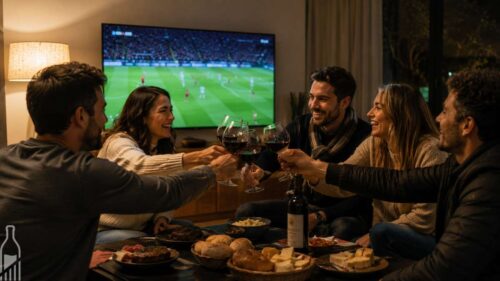Amigos assistindo jogo em casa consumindo vinho durante encontro social