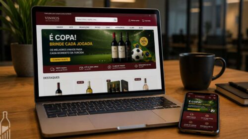 Notebook exibindo campanhas promocionais sazonais para loja virtual de vinhos