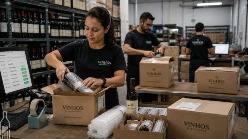 Equipe preparando pedidos de vinhos para entrega em operação de e-commerce
