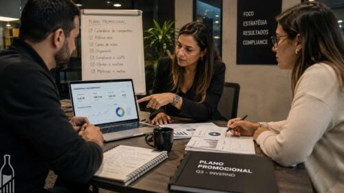 Equipe analisando campanhas promocionais com atenção a diretrizes de marketing e propriedade intelectual