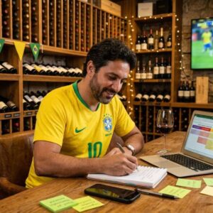 Empresário planejando campanhas sazonais de junho para loja de vinhos durante inverno e Copa do Mundo