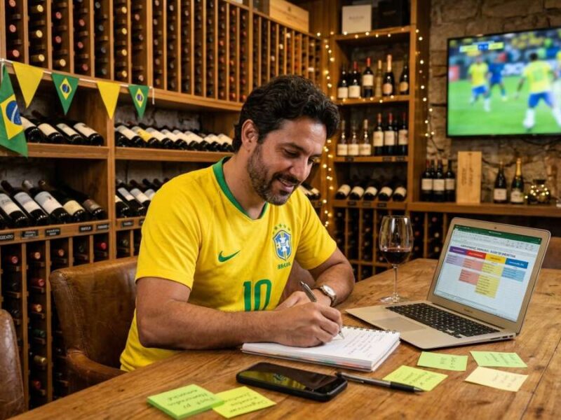 Empresário planejando campanhas sazonais de junho para loja de vinhos durante inverno e Copa do Mundo