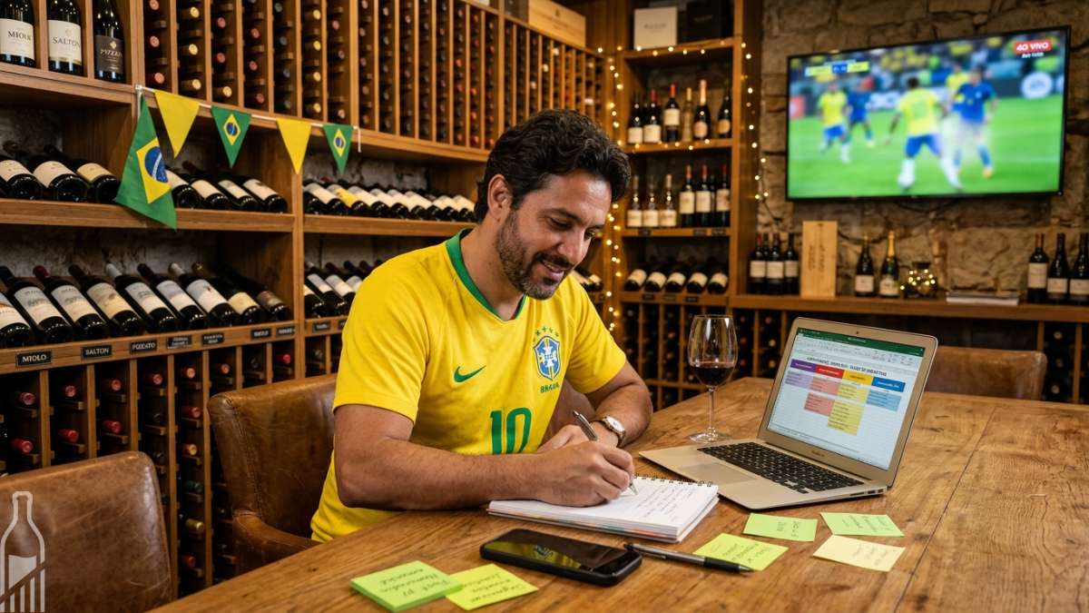 Empresário planejando campanhas sazonais de junho para loja de vinhos durante inverno e Copa do Mundo