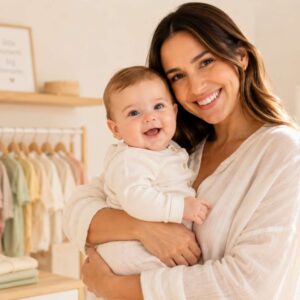 Case Little Pipo Baby Shop - mãe sorrindo segurando um bebê