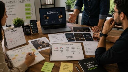 Profissional planejando campanha de marketing digital para uma loja virtual no Dia dos Pais