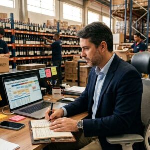Empresário planejando campanhas de agosto em um centro de distribuição de e-commerce de vinhos e bebidas
