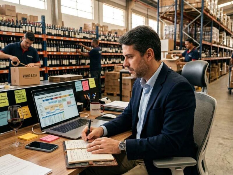 Empresário planejando campanhas de agosto em um centro de distribuição de e-commerce de vinhos e bebidas