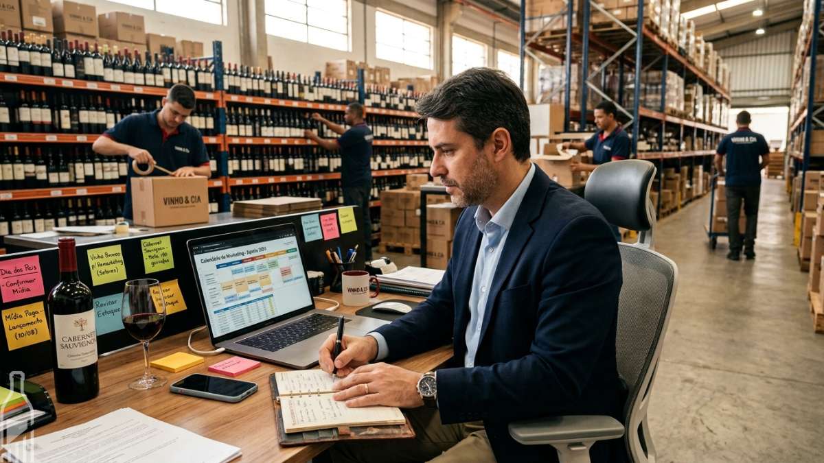Empresário planejando campanhas de agosto em um centro de distribuição de e-commerce de vinhos e bebidas