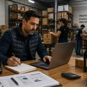 empresário brasileiro que está em na mesa de trabalho dele, localizada dentro de um centro de distribuição de um e-commerce de bebidas. No fundo uma equipe enxuta trabalhando.