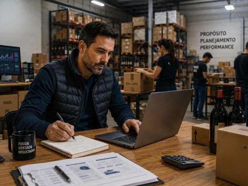 empresário brasileiro que está em na mesa de trabalho dele, localizada dentro de um centro de distribuição de um e-commerce de bebidas. No fundo uma equipe enxuta trabalhando.