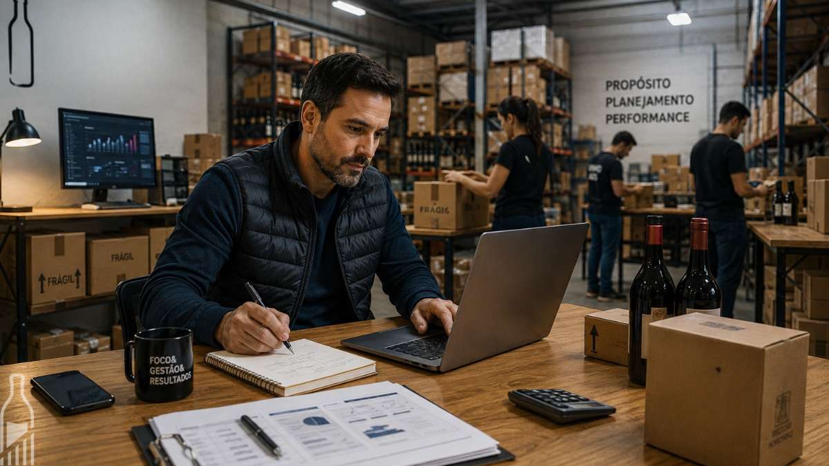 empresário brasileiro que está em na mesa de trabalho dele, localizada dentro de um centro de distribuição de um e-commerce de bebidas. No fundo uma equipe enxuta trabalhando.