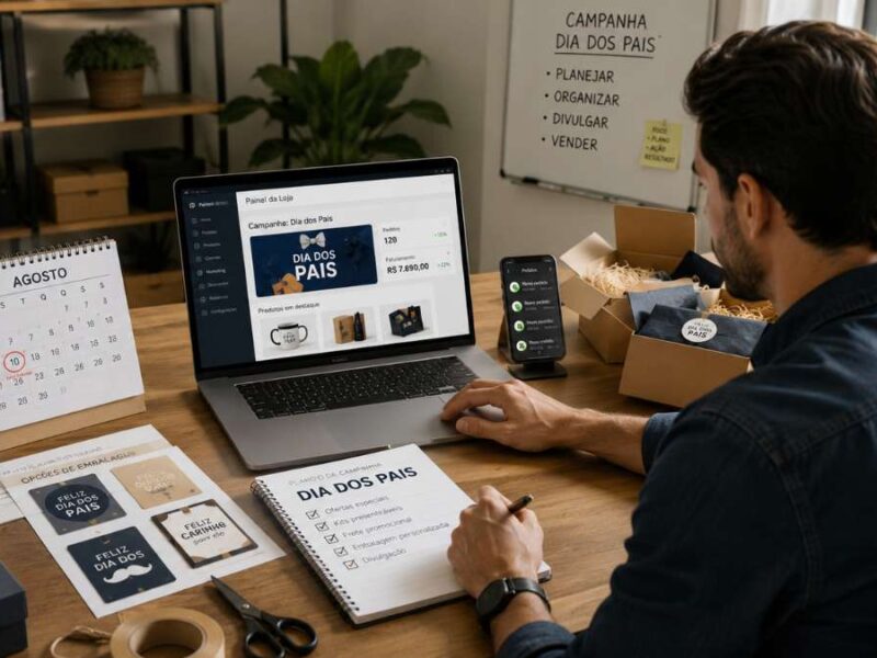 Empreendedor organizando uma loja virtual para vender mais no Dia dos Pais