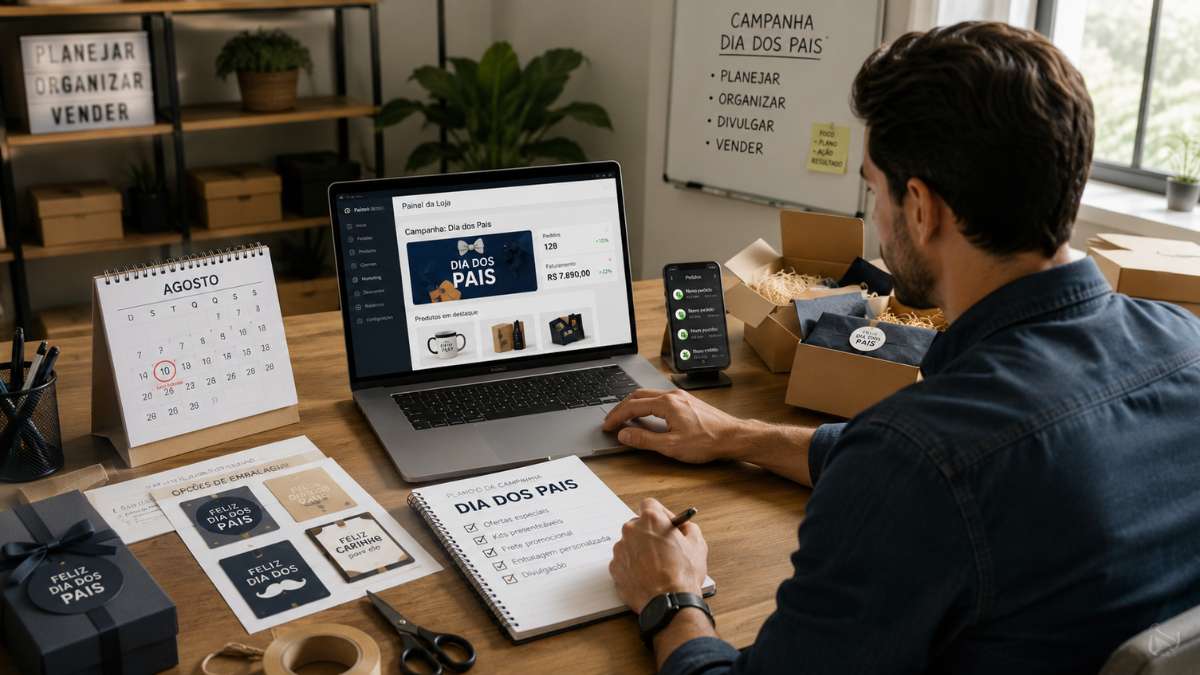 Empreendedor organizando uma loja virtual para vender mais no Dia dos Pais