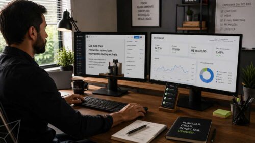 Profissional utilizando Inteligência Artificial para criar campanhas de marketing para loja virtual