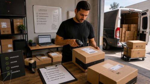 Funcionário preparando pedidos para entrega em uma loja virtual durante o Dia dos Pais