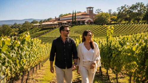 Casal visitando vinícola durante experiência de enoturismo na primavera