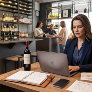 Empresária planejando campanhas de setembro em sua loja física de vinhos