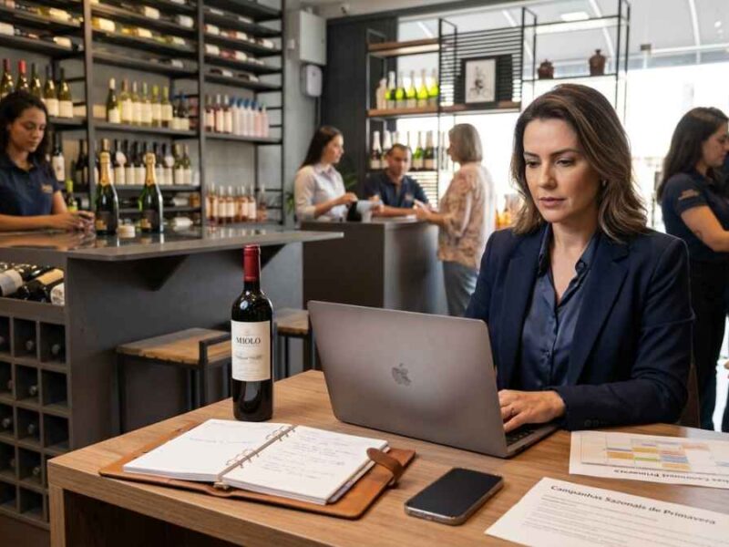 Empresária planejando campanhas de setembro em sua loja física de vinhos
