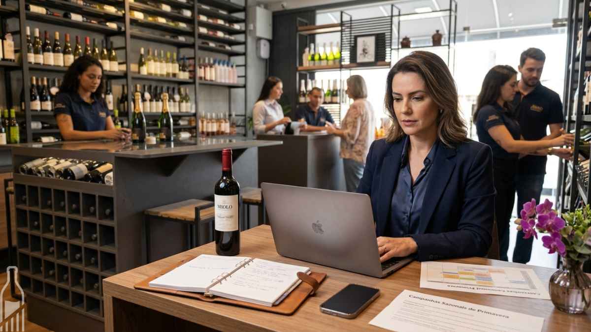 Empresária planejando campanhas de setembro em sua loja física de vinhos