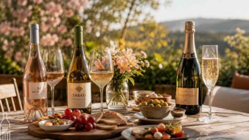 Vinhos rosé, branco e espumante em ocasião de consumo ao ar livre na primavera