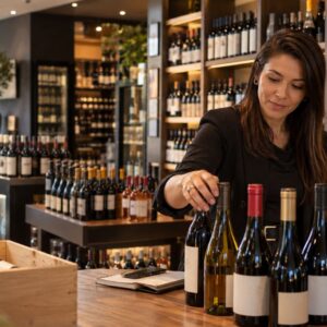 Mulher gestora organiza vinhos em loja especializada para campanhas de outubro.