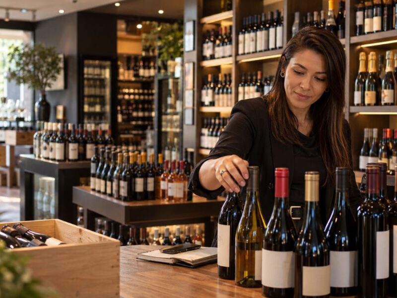 Mulher gestora organiza vinhos em loja especializada para campanhas de outubro.