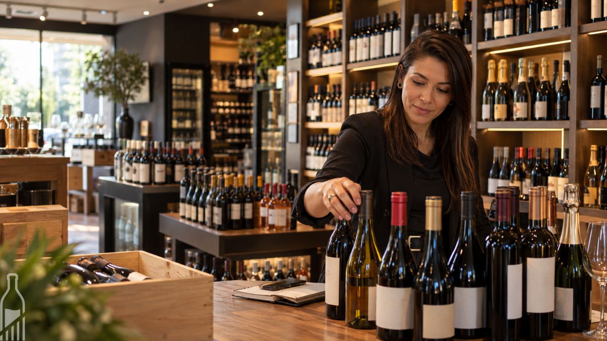 Mulher gestora organiza vinhos em loja especializada para campanhas de outubro.