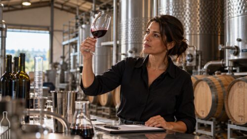 Enóloga analisa amostra de vinho em ambiente de vinícola.