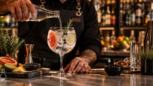 Bartender prepara gin e tônica com cítricos, gelo e botânicos.