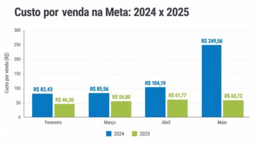Gráfico compara o custo por venda da Meta entre 2024 e 2025, com redução em todos os meses.