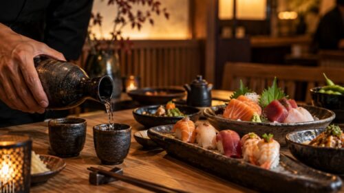 Garrafa de saquê acompanhada de pratos da culinária japonesa em restaurante.