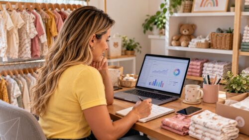 Empreendedora analisando resultados de anúncios e vendas da loja infantil