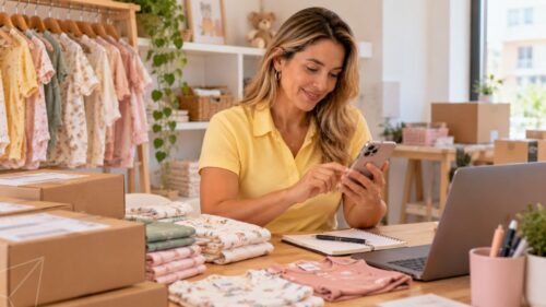 Proprietária de loja de moda infantil atendendo clientes pelo celular