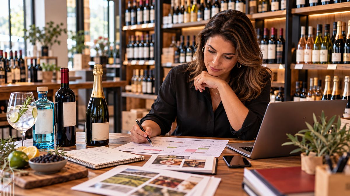 Datas comemorativas de novembro: gestora planeja campanhas comerciais em uma loja de vinhos.