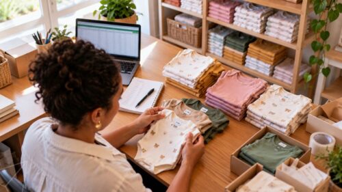 Empreendedora conferindo tamanhos e cores no estoque de roupas infantis