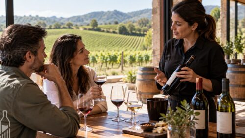 Visitantes participam de uma experiência de enoturismo em uma vinícola.