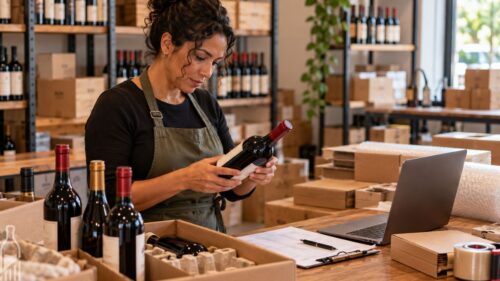 Gestora de e-commerce de vinhos confere estoque e prepara a campanha de Black Friday.